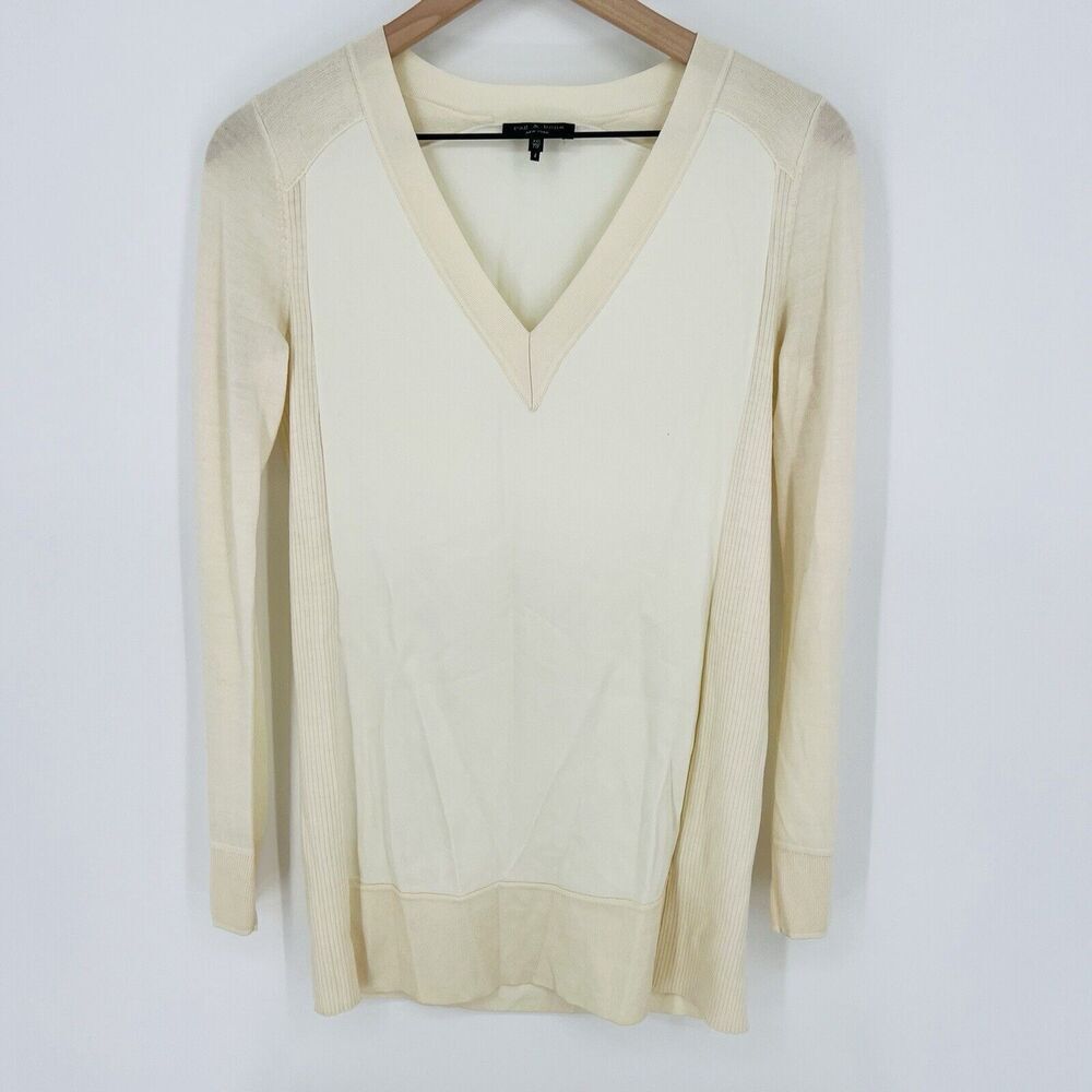 Rag And Bone Sweater Tunic Cream Bone Ribbed Trim Pullover Acetate Viscose XXS